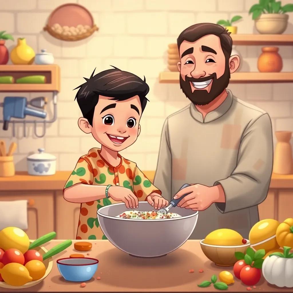 A young Arab boy named Suhaib, with short black hair and wearing a colorful shirt, mixing ingredients in a big bowl in the kitchen with his father Kamal, who has a warm smile, a cozy kitchen with colorful ingredients scattered around, friendly and inviting, illustration, rich colors, child-friendly