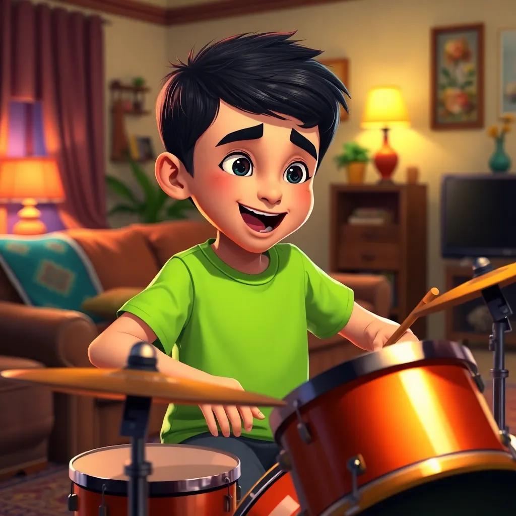 A young Arabic boy, Samer, with short, dark hair wearing a bright t-shirt, excitedly playing drums in his grandpa's cozy living room, colorful decorations, warm light, inviting atmosphere, high-quality illustration