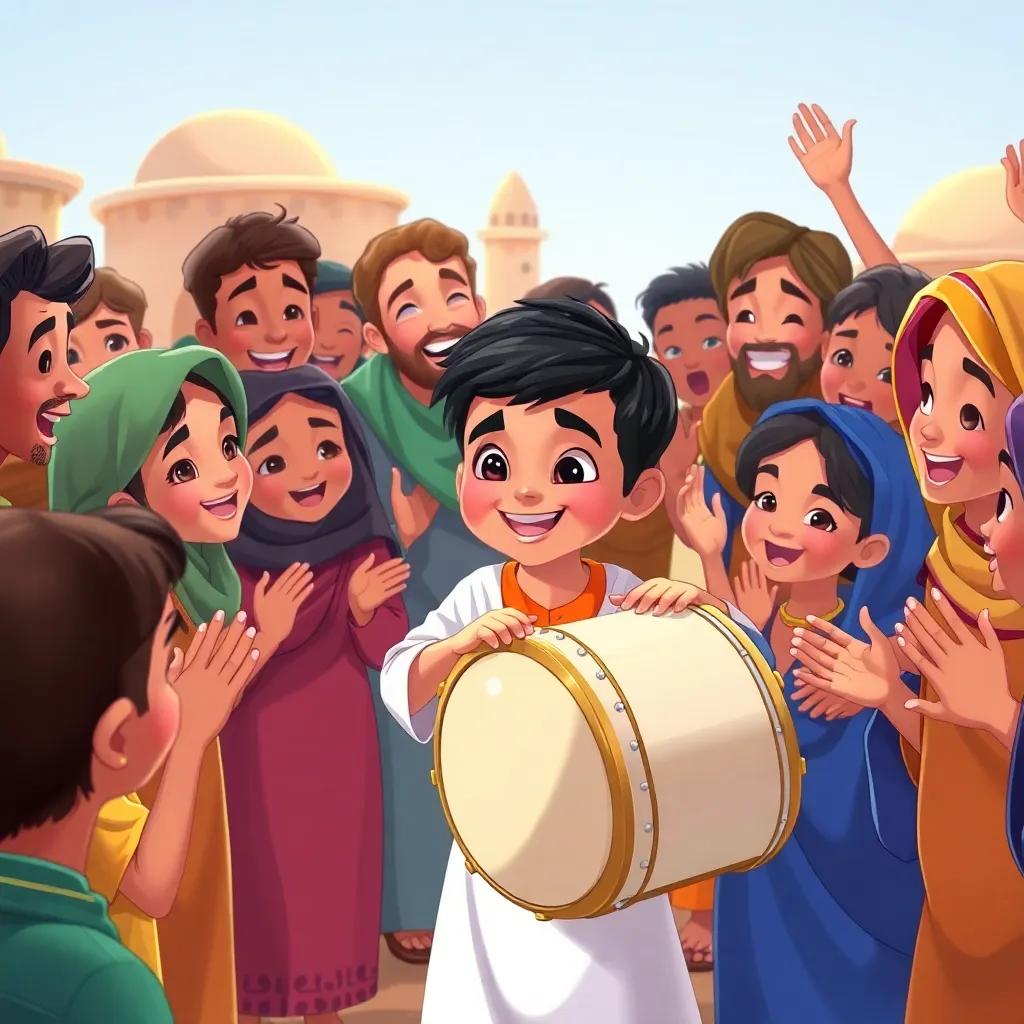 A joyful scene of friends and villagers gathered around Samer, the young Arabic boy with short, dark hair, as he plays the drums, everyone is clapping and cheering, vibrant colors, happy faces, festive atmosphere, high-quality illustration