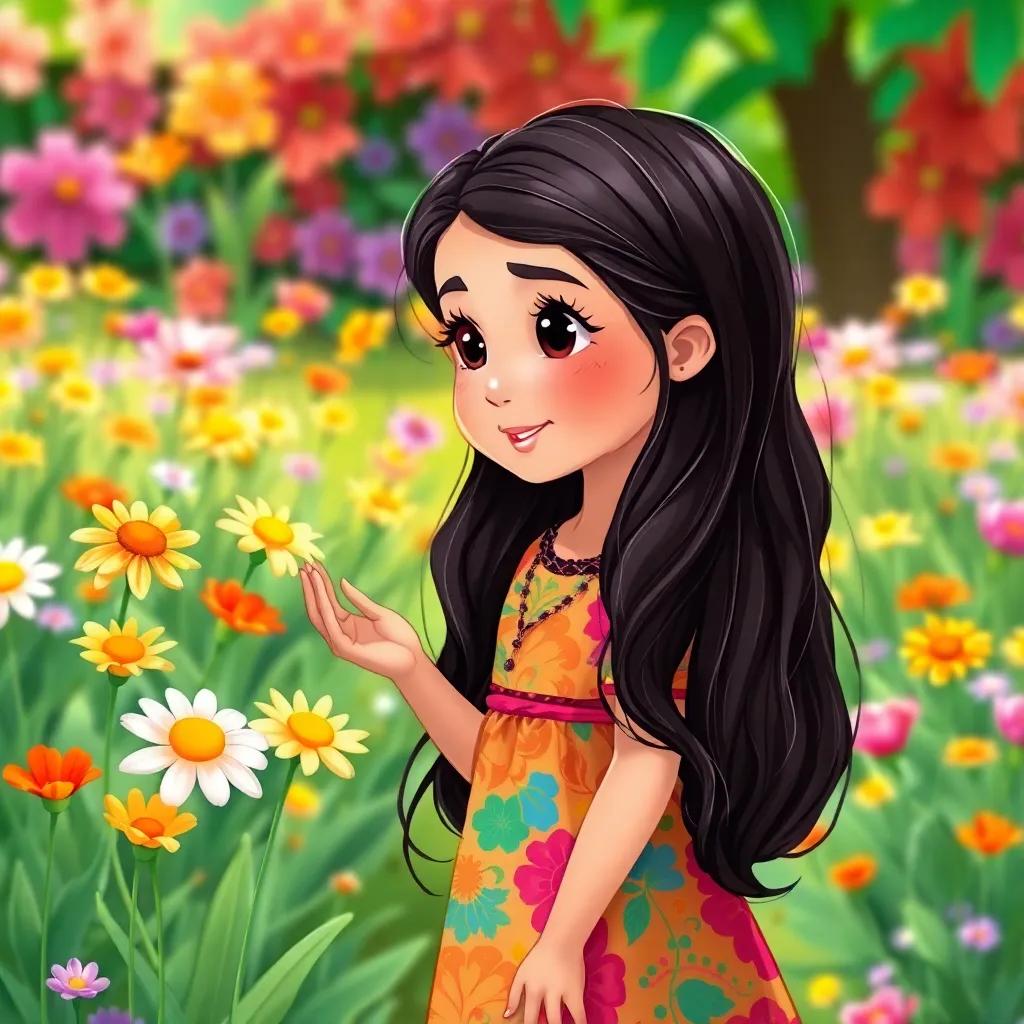 A young Arab girl, Layan, with long, dark hair, wearing a colorful dress, talking to flowers in a vibrant flower garden, detailed digital art, bright colors, cheerful atmosphere, high quality