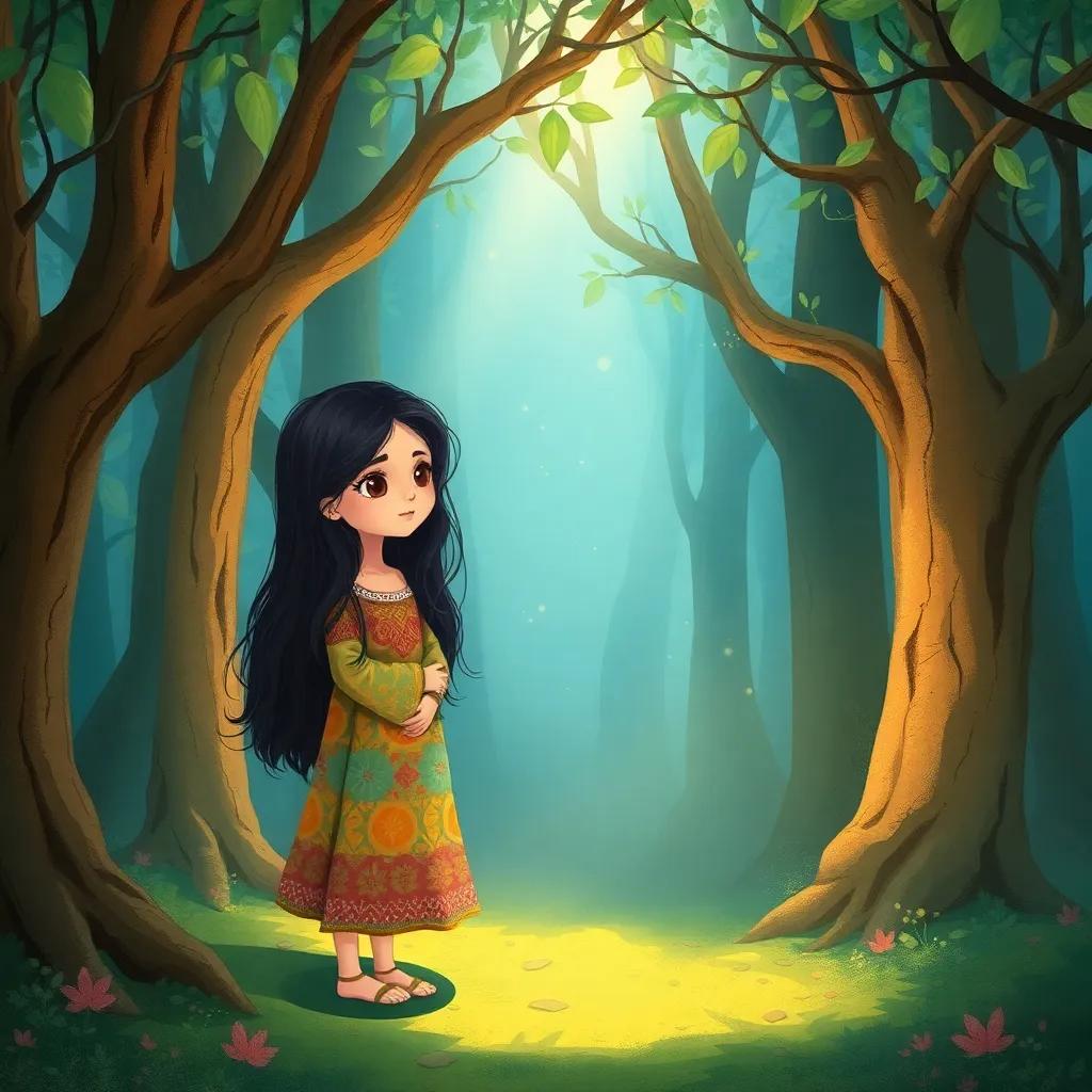 Layan, a young Arab girl, with long, dark hair in a colorful dress, standing in a mystical silent forest, listening to whispers around her, with trees and soft light filtering through leaves, illustration, enchanting, fantasy theme, child-friendly