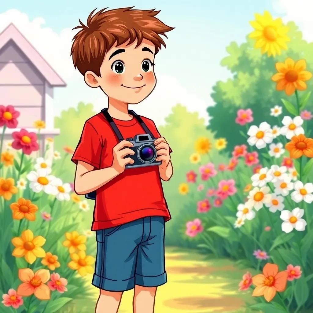 A young boy, Sami, with short brown hair, wearing a red t-shirt and blue shorts, holding a camera in a sunny garden with flowers blooming around him, cheerful atmosphere, vibrant colors, high quality
