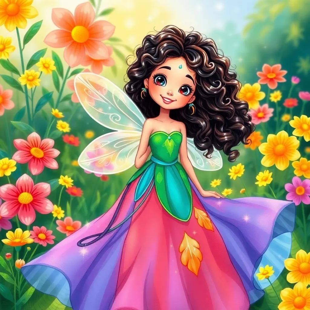 A magical character, Layla, with curly hair in a flowing colorful dress, standing in a garden surrounded by bright flowers and a sparkling aura, enchanting appearance, cheerful mood, detailed illustration