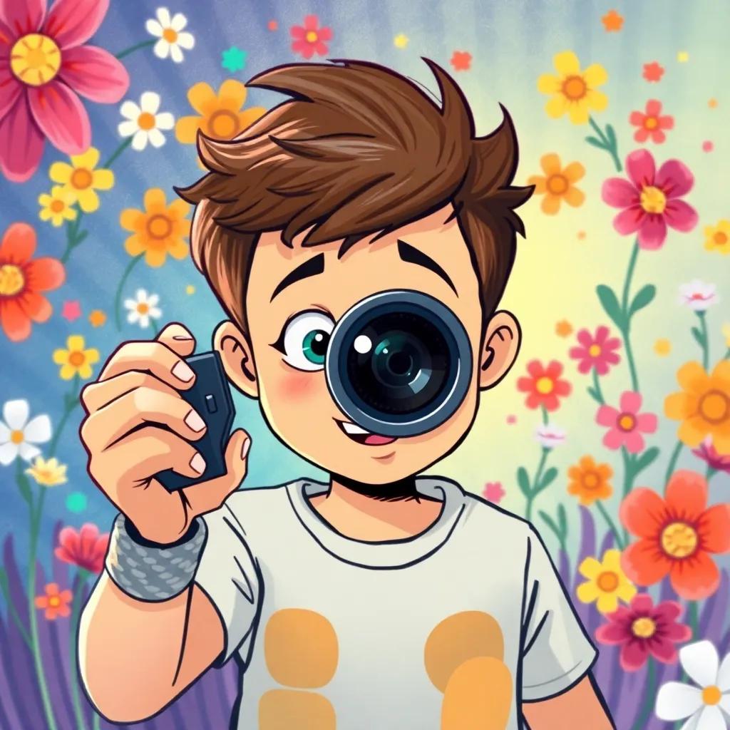 Sami looking through his camera lens, focused and excited, with colorful flowers swirling around him, lively atmosphere, dynamic perspective, vibrant graphics