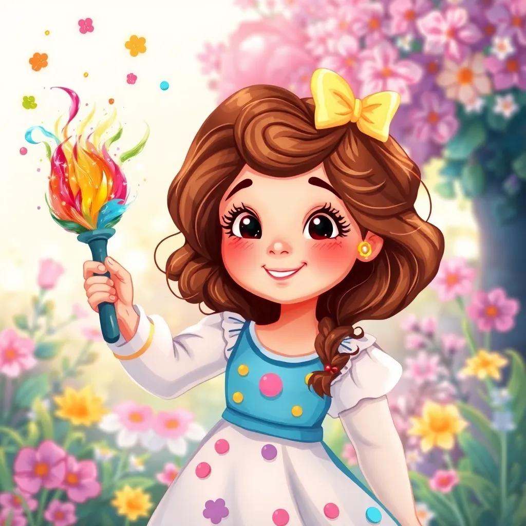 Layla waving her magical brush, colors and sparkles swirling in the air, bright garden background, whimsical feel, storytelling style, fantasy elements
