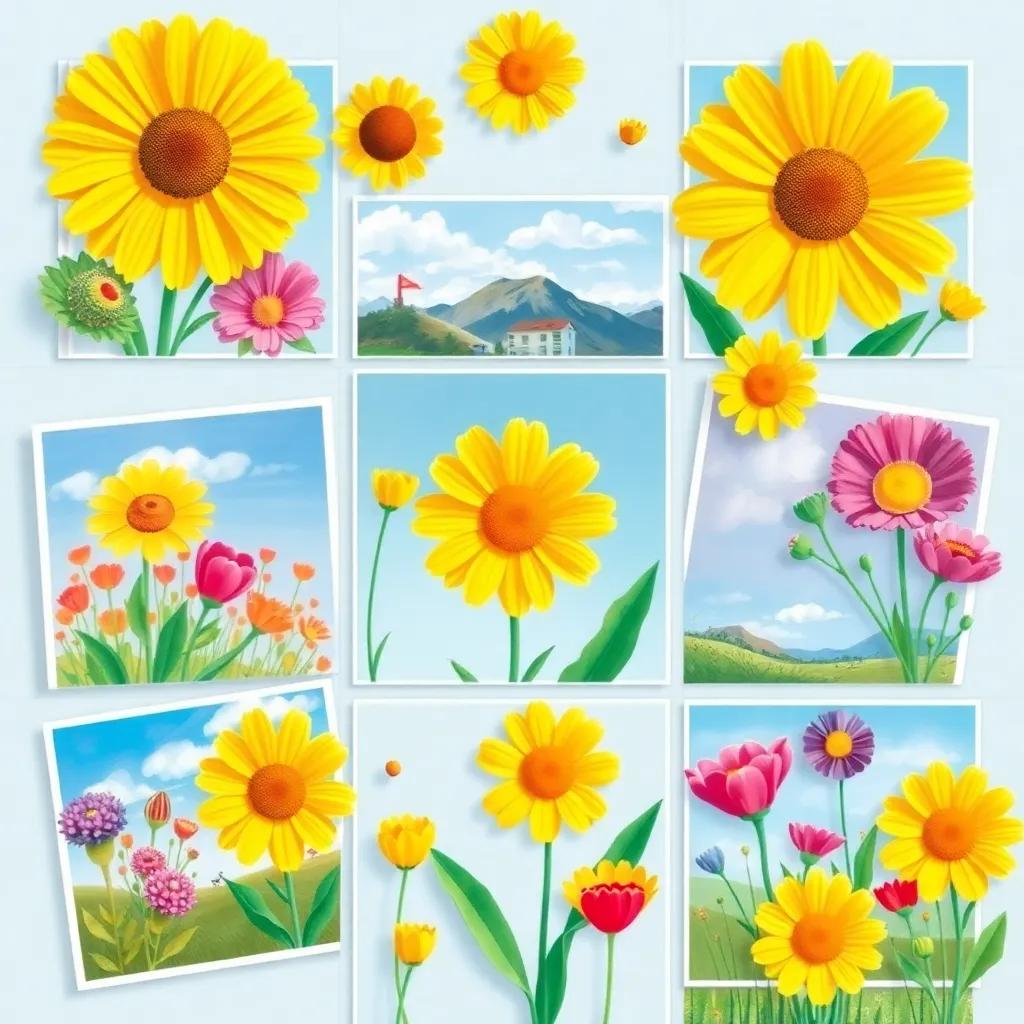 A beautiful collage of photos showing colorful flowers and happy scenes captured by Sami, bright and joyful, fun composition, children's book style, creative layout
