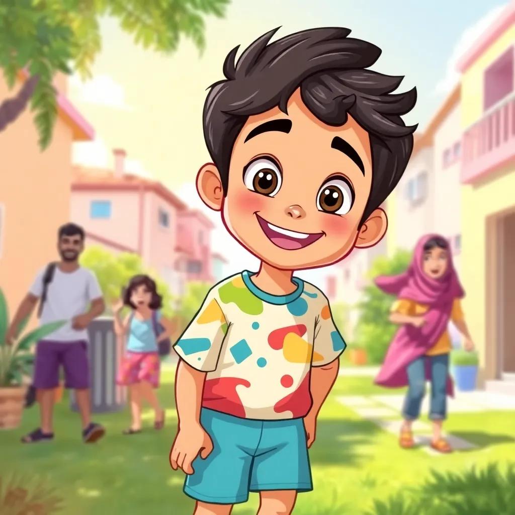 A cheerful young Arab boy, Salem, with dark hair and bright eyes, wearing a colorful t-shirt and shorts, playing with friends outside in a sunny neighborhood, enjoying a joyful atmosphere, digital art, vibrant colors, bright and lively scene, high quality