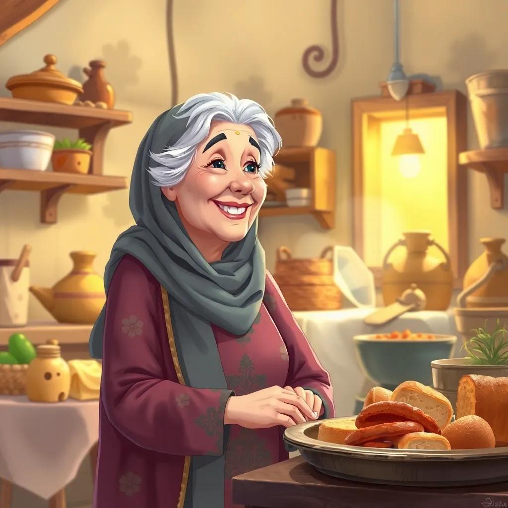 An elderly Arab woman, with silver hair wearing a traditional scarf and a floral dress, smiling warmly at Salem as she explains the meaning of fasting, in a cozy kitchen filled with delicious food, warm light, inviting ambiance, heartwarming quality, high quality