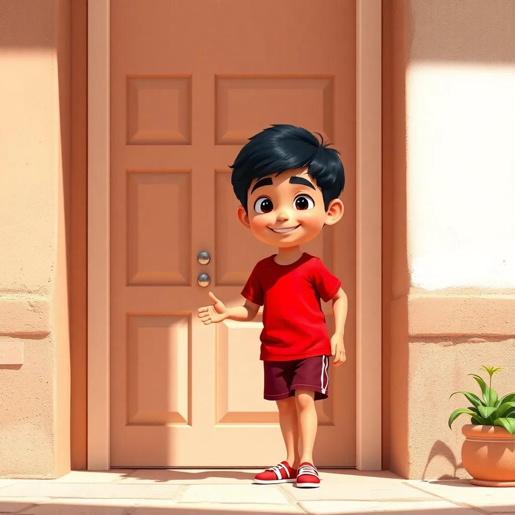 A young Arab boy, Hamad, with short black hair, wearing a bright red t-shirt and shorts, happily knocking on a door, sunny day, cheerful, inviting, vivid colors