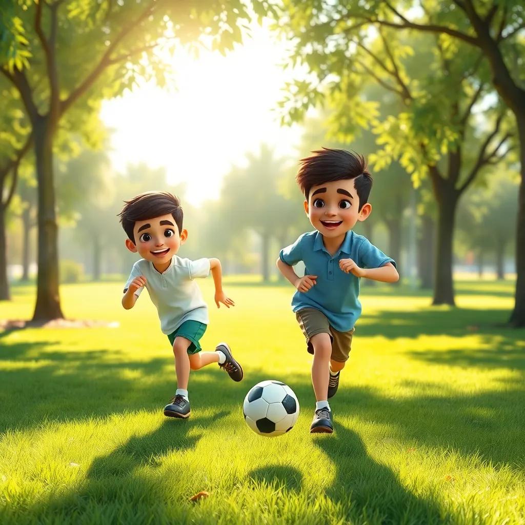 Two young Arab boys, Hamad and Zaid, playing soccer in a green park, Hamad running fast with a smile, Zaid laughing slightly as he starts to join in, bright sunlight, lively atmosphere, colorful, energetic