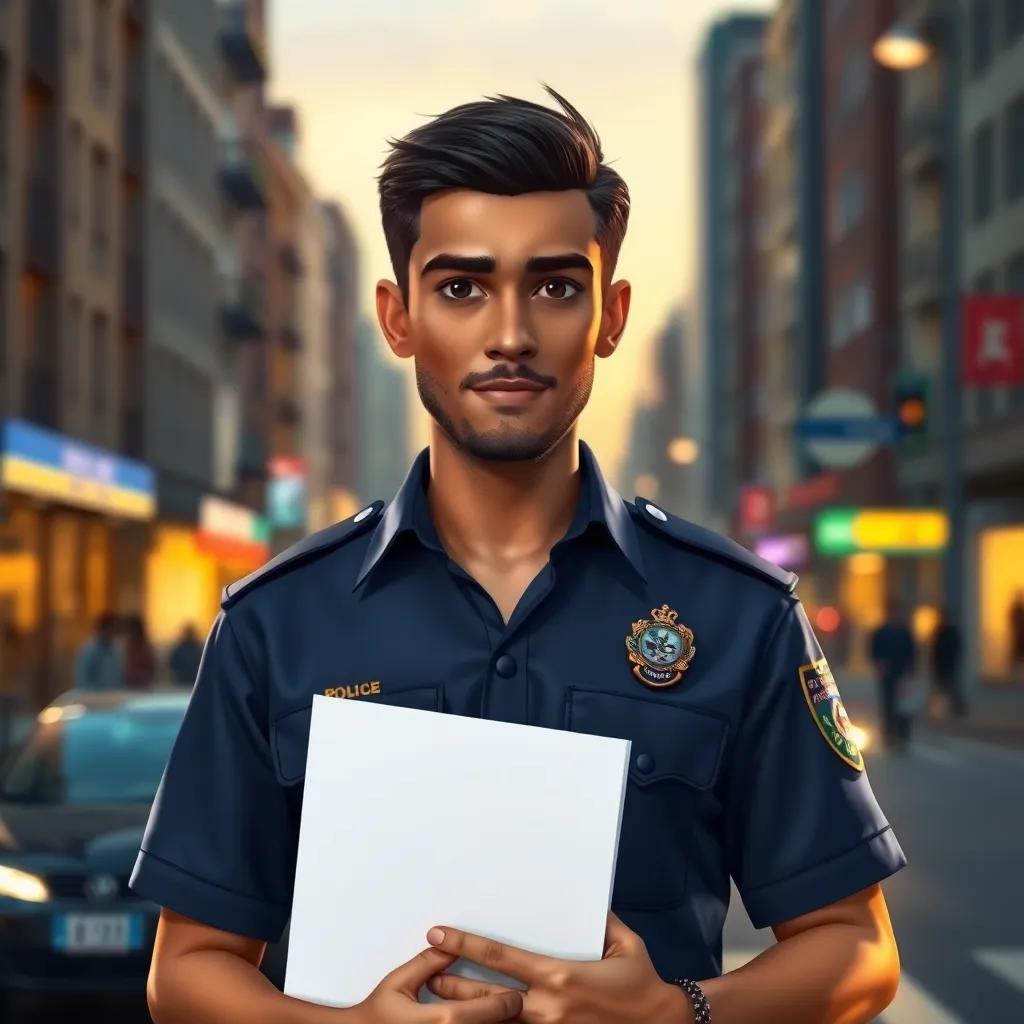 A young Arab officer, سعيد, with short dark hair, wearing a police uniform, standing in front of a busy city street, holding a case file, determined expression, evening light, warm colors, city backdrop, realistic, well-detailed