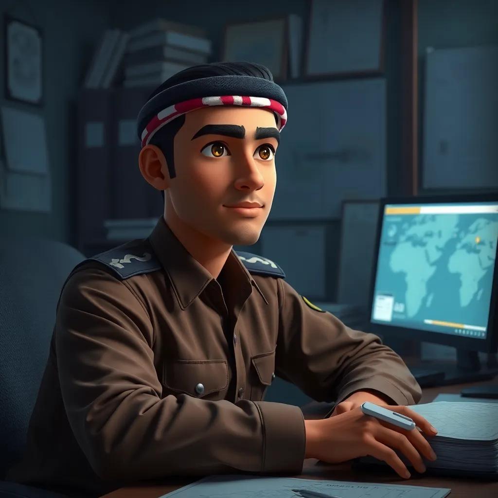 Said, a young Arab officer, with a focused expression, sitting at a desk covered with case files and maps, a computer showing clues, cool lighting, serious atmosphere, high quality, real-life depiction