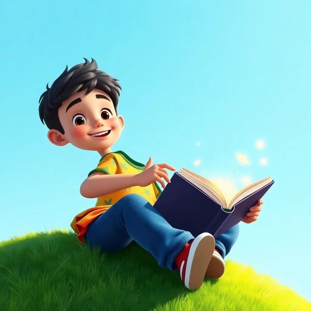 A young Arab boy, Sami, with short black hair, wearing a colorful t-shirt and jeans, sitting on a grassy hill with a magical book, bright blue sky, cheerful atmosphere, digital art, vibrant colors, child-friendly, high quality