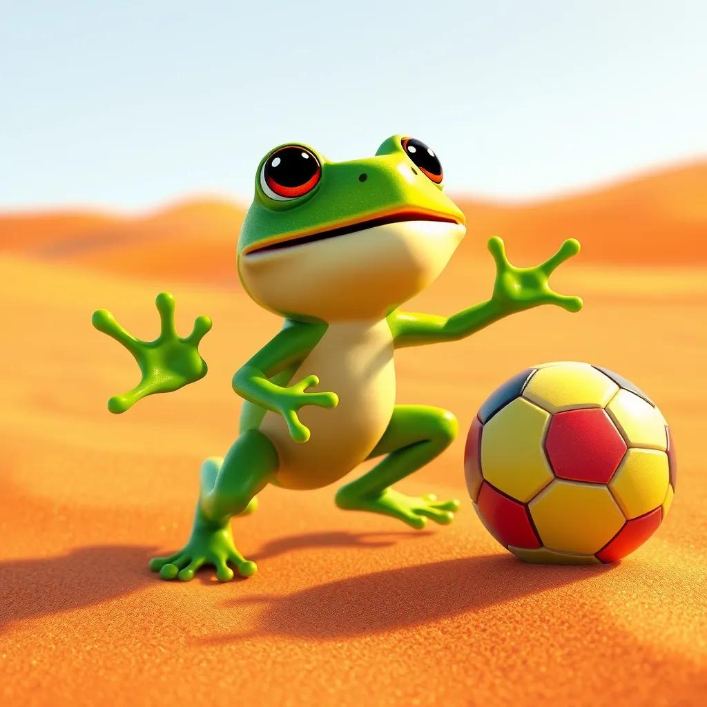 A small green frog named Farid, with vibrant colors, hopping joyfully in the hot desert sand, colorful soccer ball nearby, cheerful atmosphere, illustration, bright sunlight, high detail