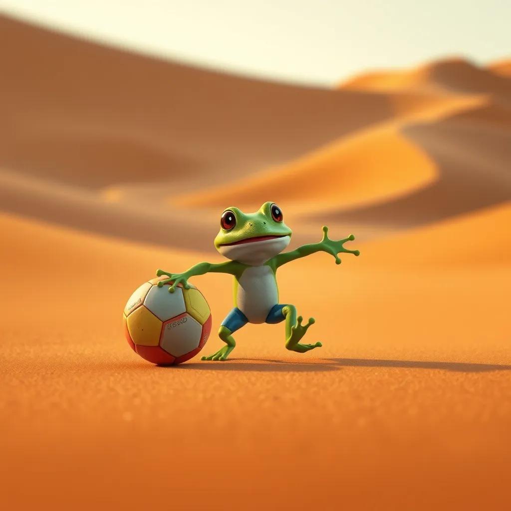 Farid, the small frog, attempting to kick a colorful soccer ball in the desert, surrounded by golden sand dunes, playful expression, digital art, warm colors, inviting scenery