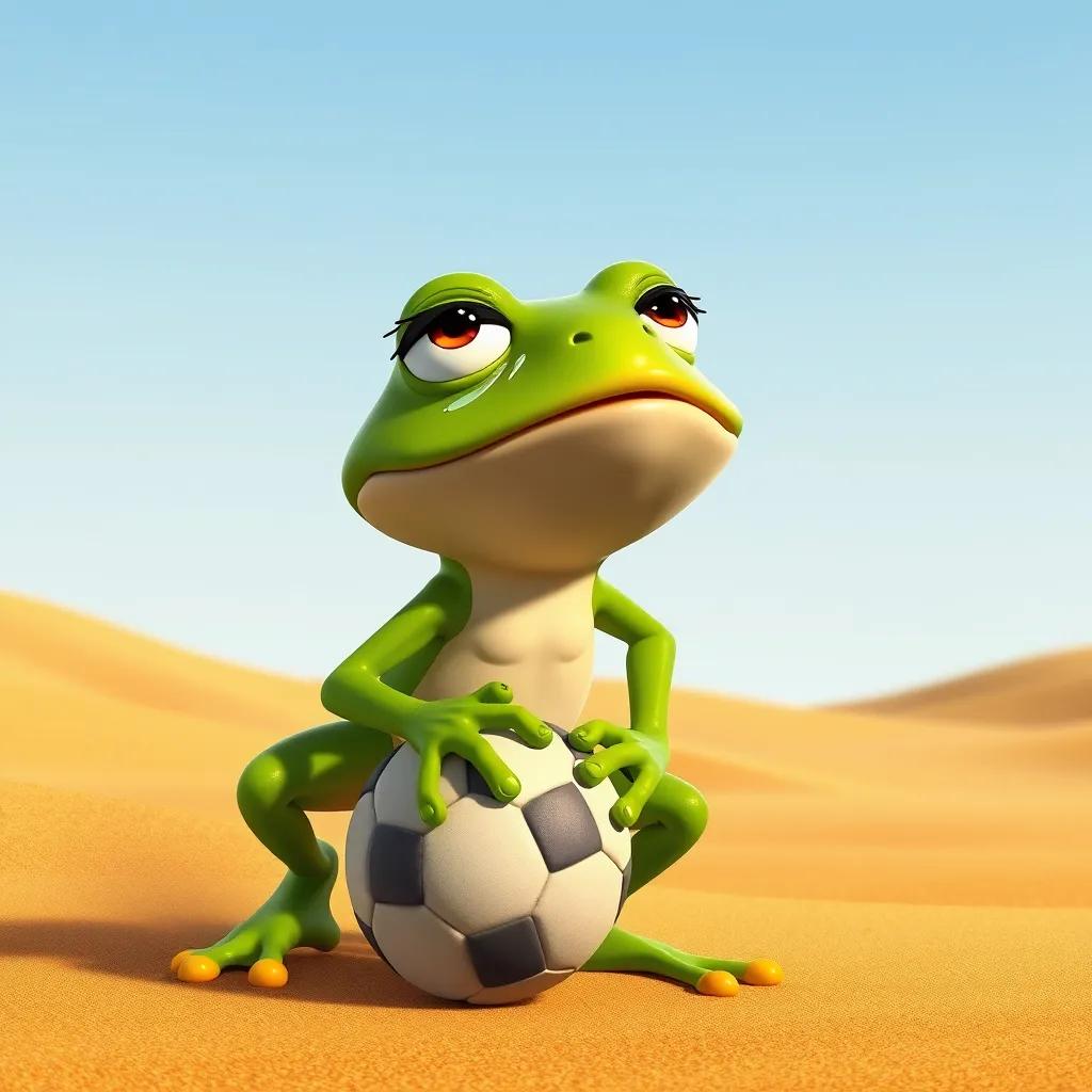 A desert scene showing Farid, the green frog, training to play soccer, with sweat on his forehead, determination in his eyes, sandy background, cartoon style, vibrant, dynamic composition