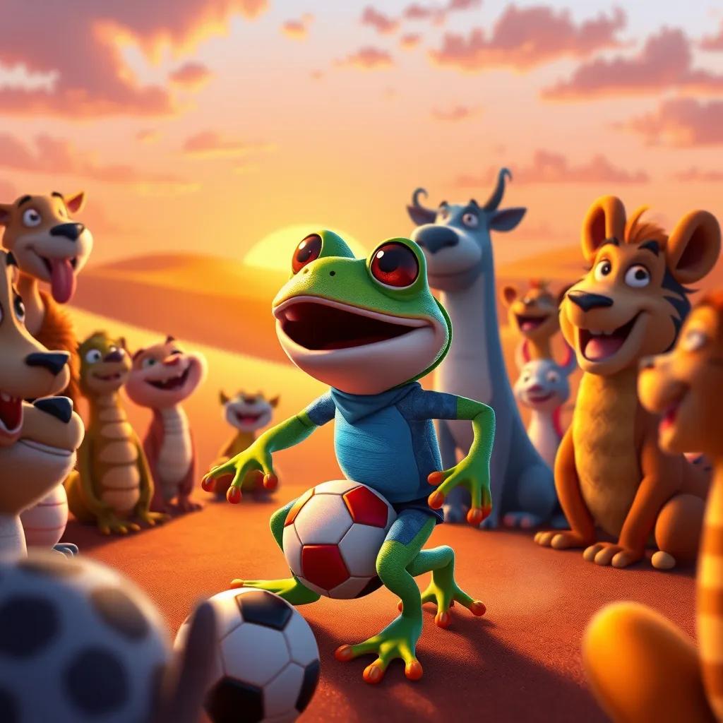 Farid, the small colorful frog, surrounded by desert animals, watching him play soccer, with smiles and cheers, desert sunset in the background, heartwarming moment, bright colors, joyful scene