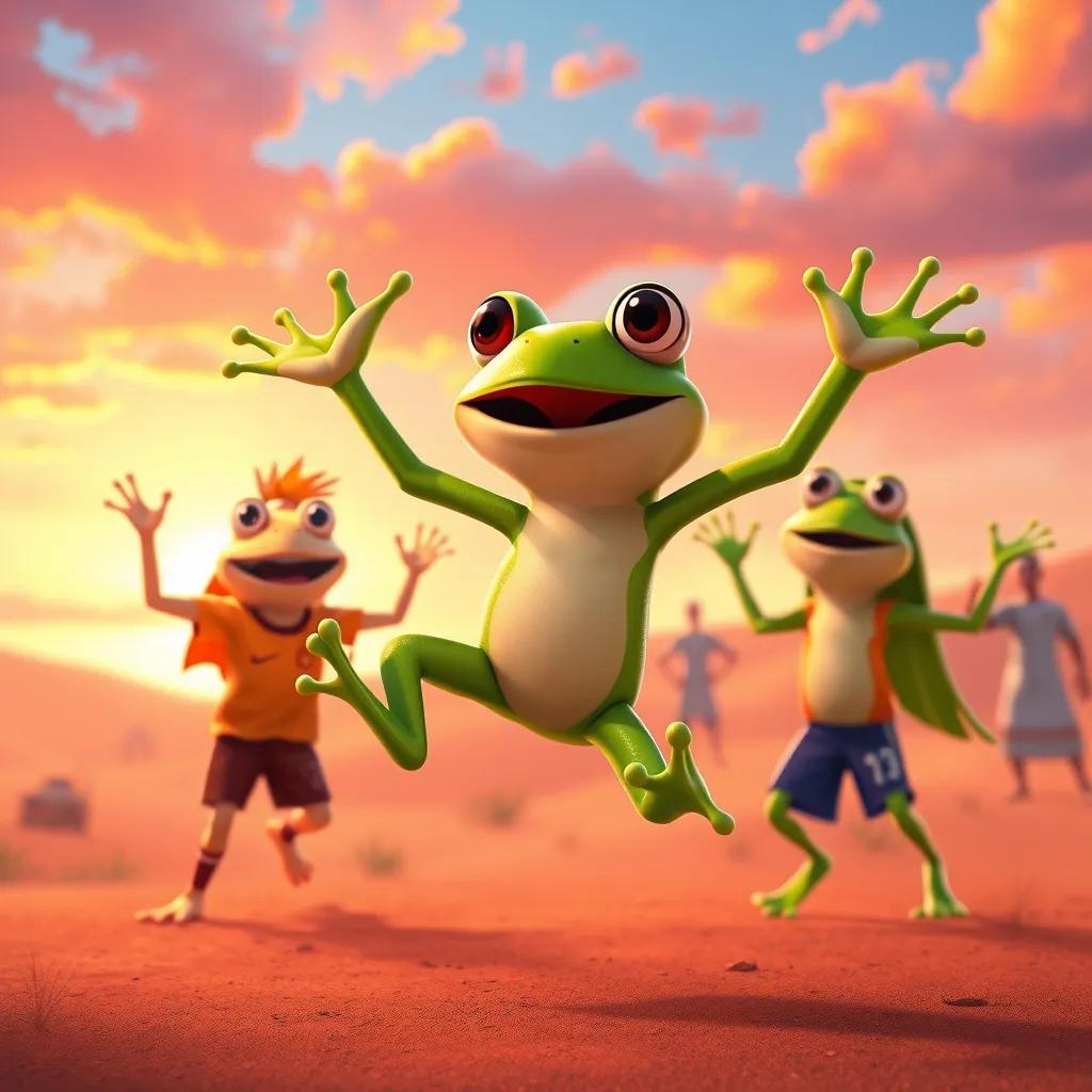 Farid, the small frog, celebrating with his friends after a fun soccer match, jumping and dancing, colorful desert sky, lively atmosphere, cheerful illustration, lots of energy