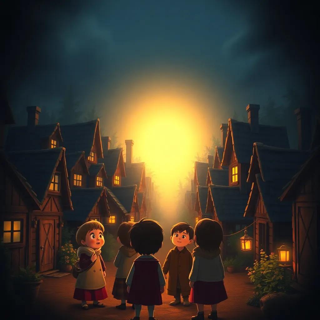 A dark village with little houses, a bright light shining in the center, children gathering around the light with expressions of wonder, detailed digital art, soft glow, warm colors, inviting atmosphere, high quality