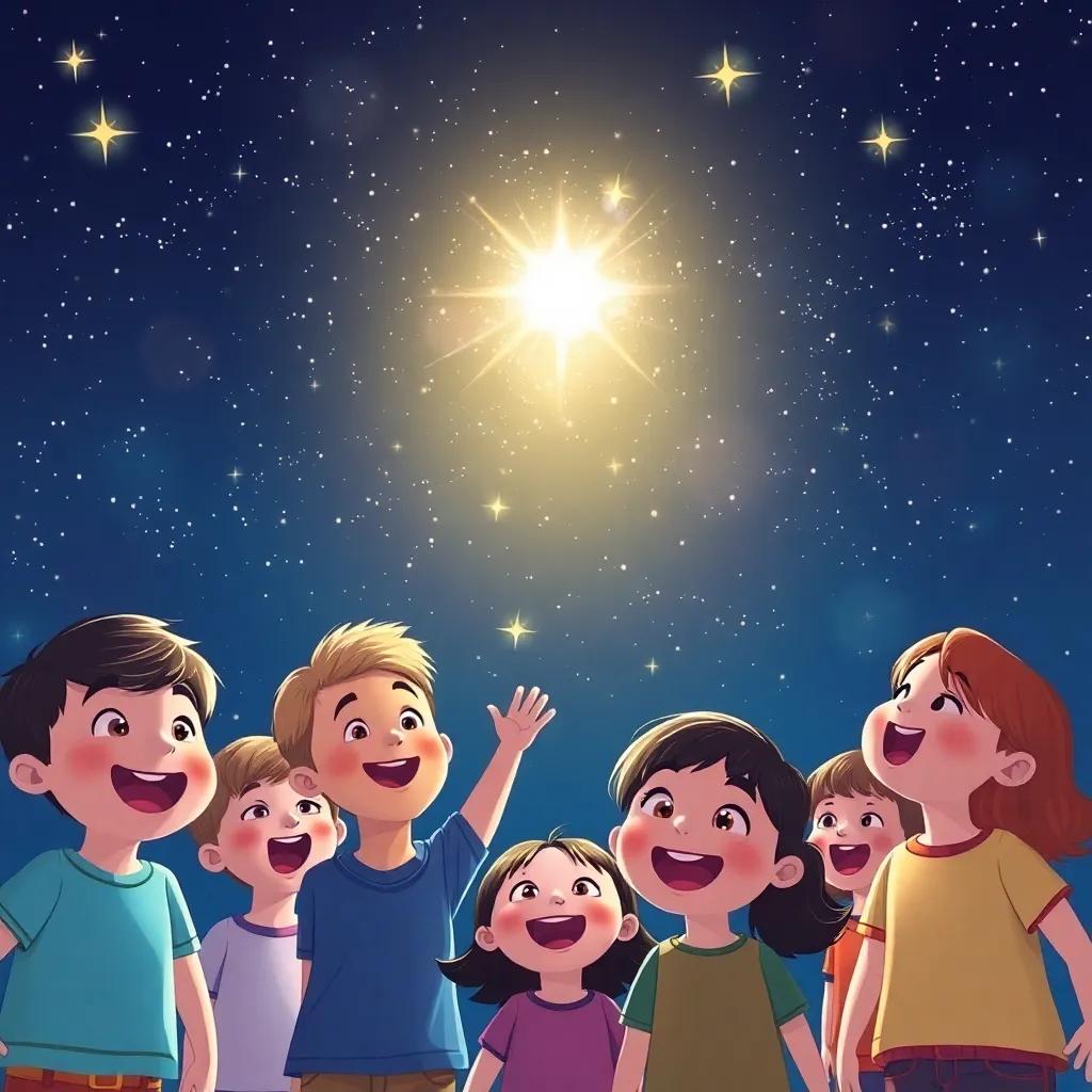 A sparkling, dancing light in the night sky, surrounded by amazed children with smiles, a magical atmosphere, bright stars in the background, illustration, cheerful, vibrant colors, high quality