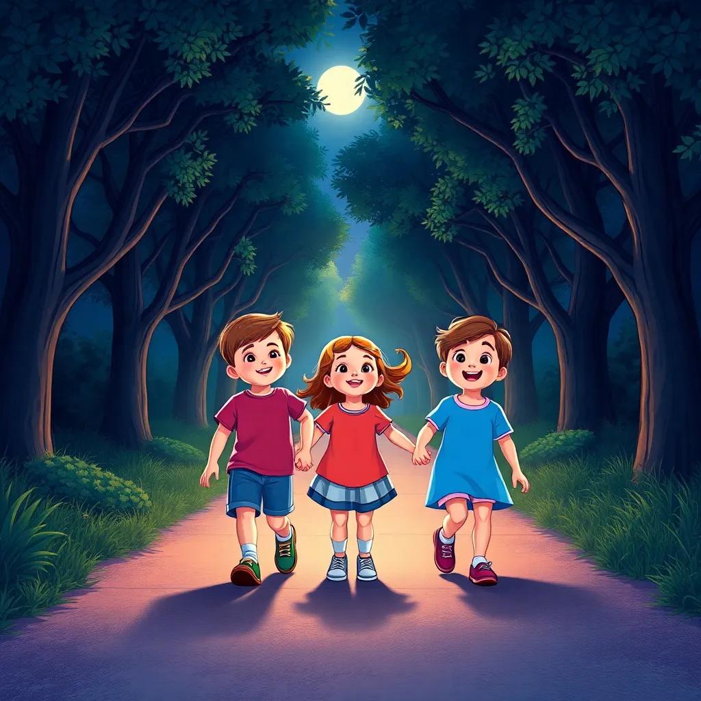 Children walking together, following the light down a path, laughter in the air, trees canopying the path, moonlight shining through the leaves, colorful, bright and colorful night scene, child-friendly
