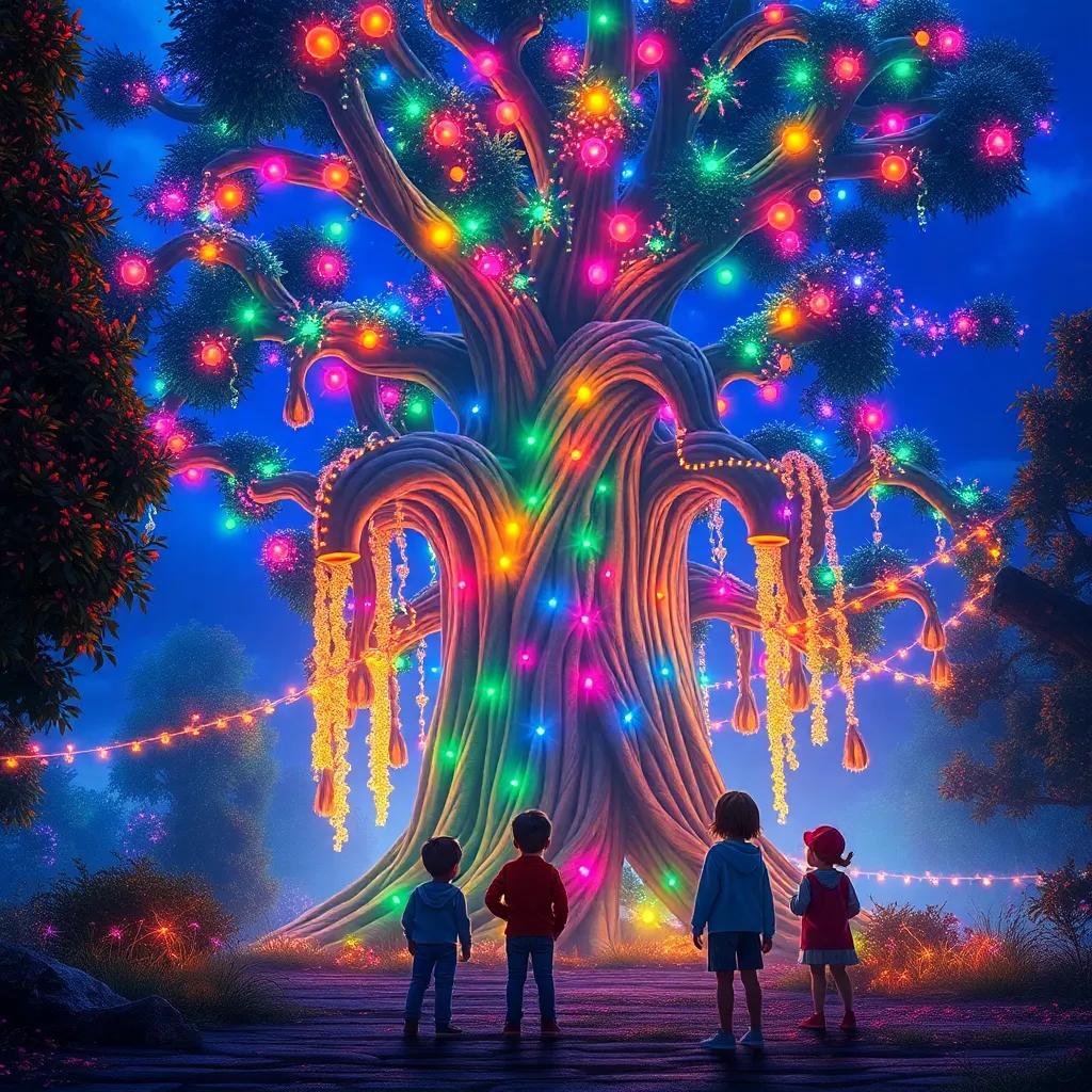 A large glowing tree with colorful lights, children in awe looking at it, bright vibrant colors, fantasy scene, magical atmosphere, high quality