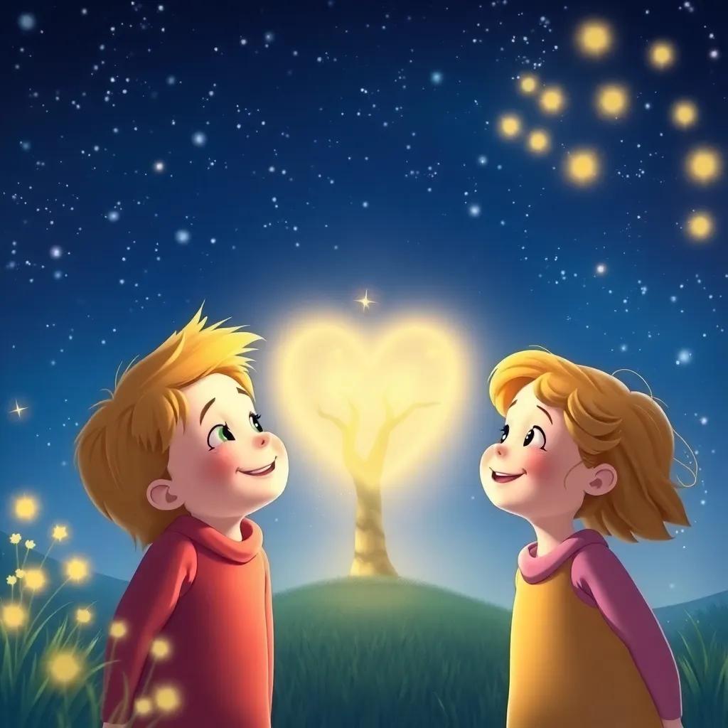 Children smiling and looking at each other, feeling the warmth of the light in their hearts, a backdrop of a starry sky and the glowing tree, uplifting and heartwarming, vibrant colors, child-friendly
