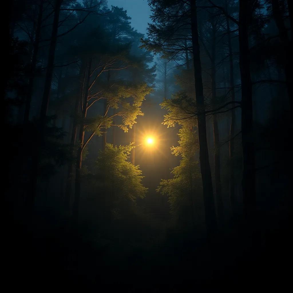 A small light shining in darkness, illuminating the dark forest, a magical glow surrounding trees, with shadows cast, digital art, warm light, enchanting scene, high quality