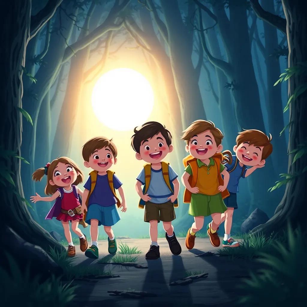 A group of brave children following a glowing light through a dark forest, laughing and encouraging each other, vibrant colors, child-friendly atmosphere, joyful adventure, high quality
