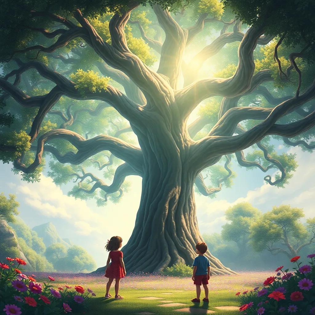 A big, ancient tree with shimmering light shining through its branches, children standing in awe around it, vibrant flowers and magical atmosphere, detailed illustration, enchanting view, high quality