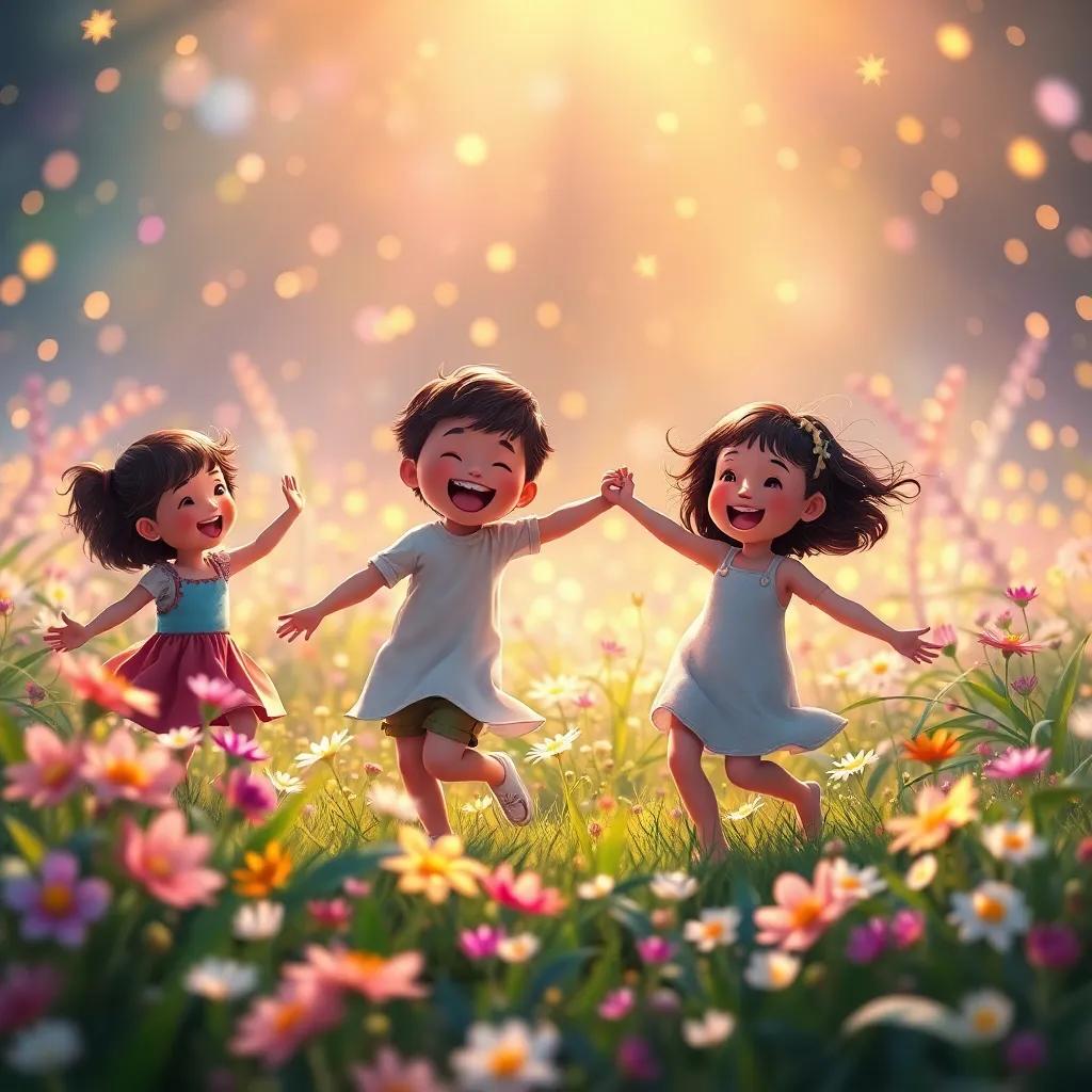 Children dancing and playing in a magical field filled with sparkling flowers, filled with joy and laughter, warm light, beautiful colors, cheerful and fantastical scene, high quality