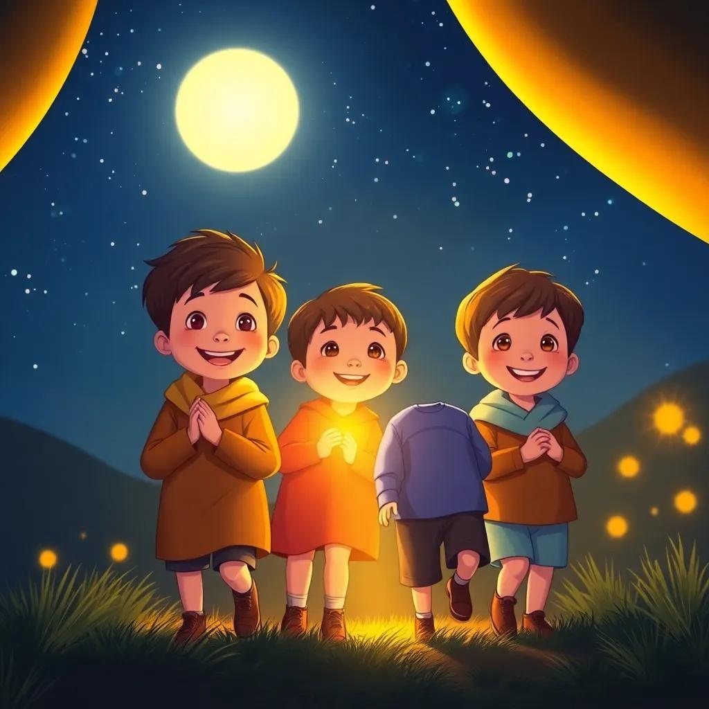 Children being led home by the glowing light, smiling and thankful, dark sky with twinkling stars in the background, warm and inviting view, heartwarming, high quality