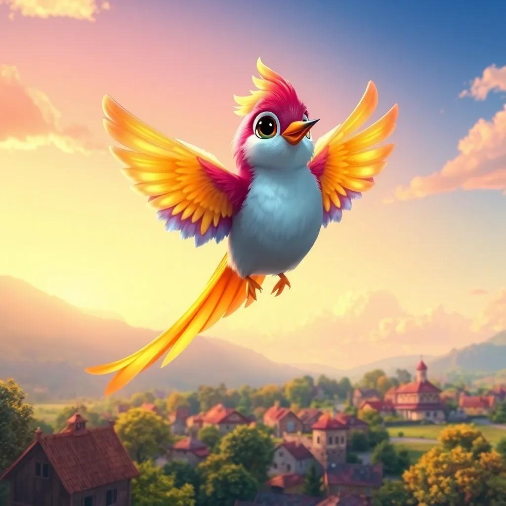 A beautiful bird called the Hope Bird, with shiny feathers in bright colors, flying high above a small village, leaving a trail of happiness behind it, digital art, vibrant colors, cheerful atmosphere