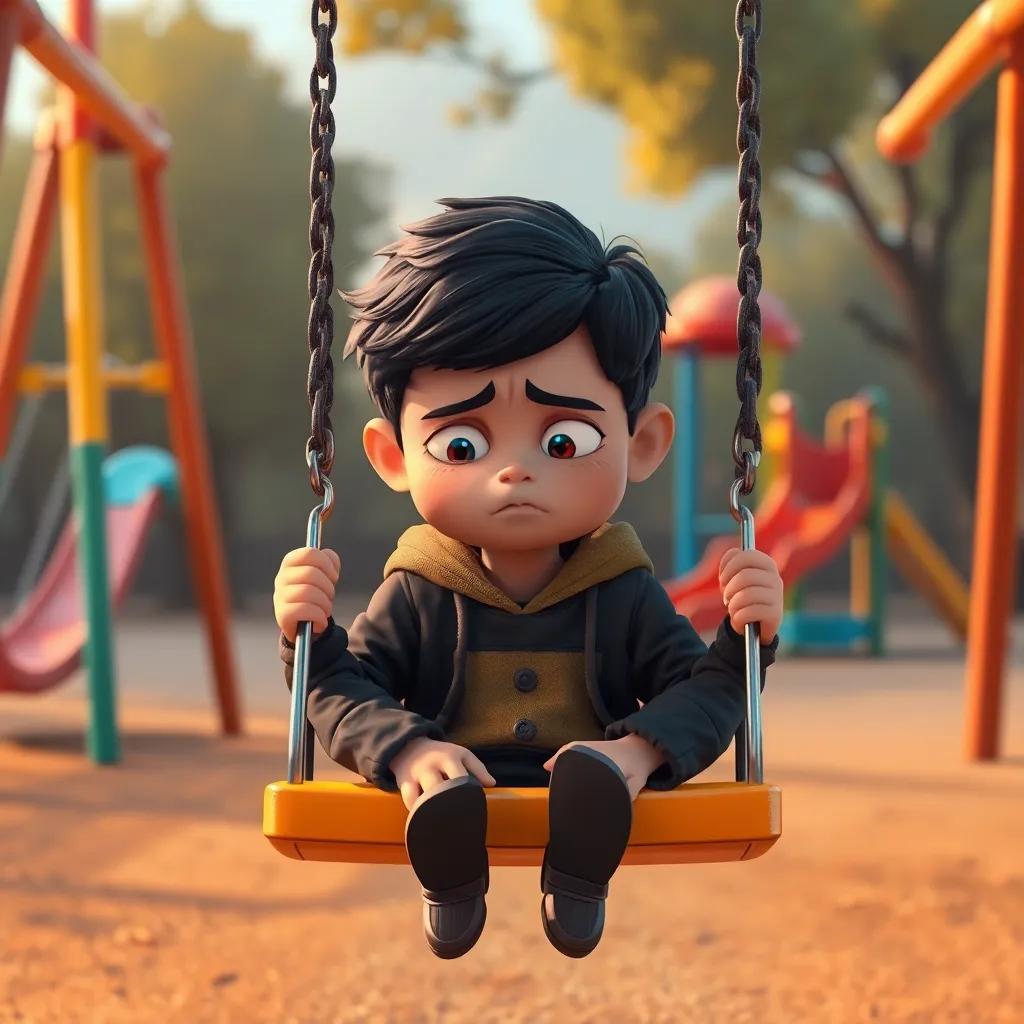 A sad boy named Sami, sitting alone on a swing in a playground, looking down with a frown, with colorful swings and slides in the background, digital art, warm colors, emotional, engaging