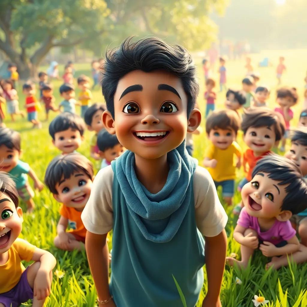 Sami with a bright smile, surrounded by lots of children playing together in the grass, lively atmosphere, colorful games and laughter around, digital art, joyful, uplifting