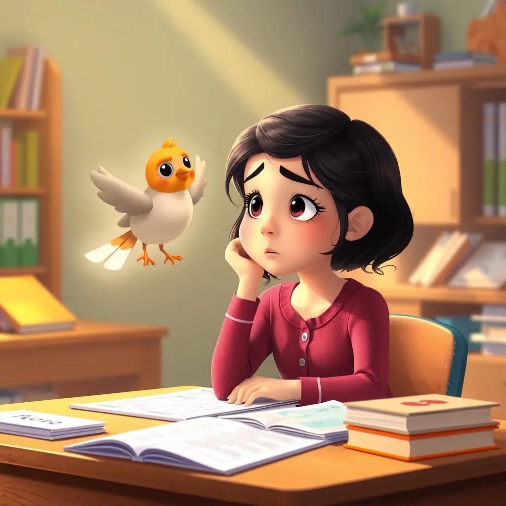 A girl named Leila, sitting at a desk with books and papers, looking frustrated while a bright Hope Bird sings to her, soft warm light, educational environment, digital art, vibrant and inspiring