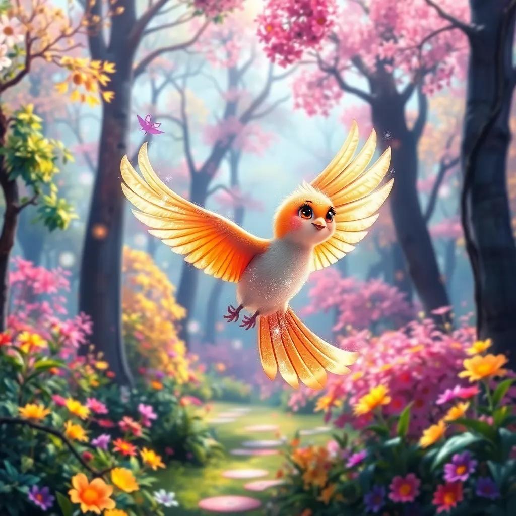 A beautiful bird, طائر الفرح, with bright and sparkling feathers, flying in a magical forest filled with colorful trees and flowers, digital art, vibrant colors, cheerful atmosphere, high quality