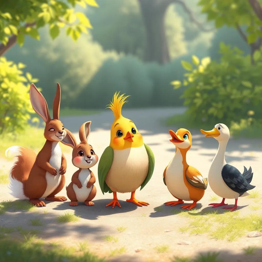 A happy scene with the bird, طائر الفرح, and its friends, a rabbit, a squirrel, and a duck, gathered in a sunny clearing, preparing to paint, detailed illustration, bright light, joyful mood