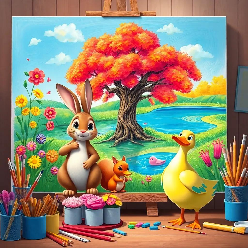 A colorful canvas where the rabbit paints flowers, the squirrel draws a big tree, and the duck creates a beautiful lake, surrounded by art supplies, lively colors, engaging scene