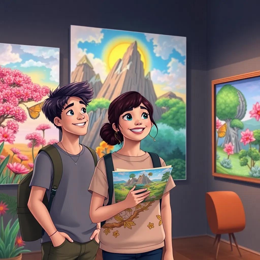 The friends admiring their magnificent artworks, with colorful drawings of nature all around them, smiles on their faces, rich details, uplifting atmosphere