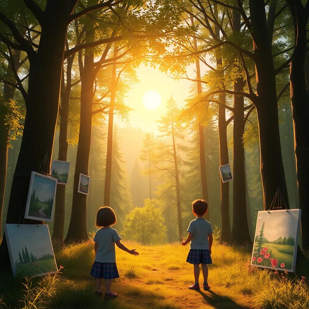 The final scene showing their paintings hanging on trees in the forest, with the sun shining down, casting a warm glow, inviting everyone to enjoy their creativity, heartwarming view