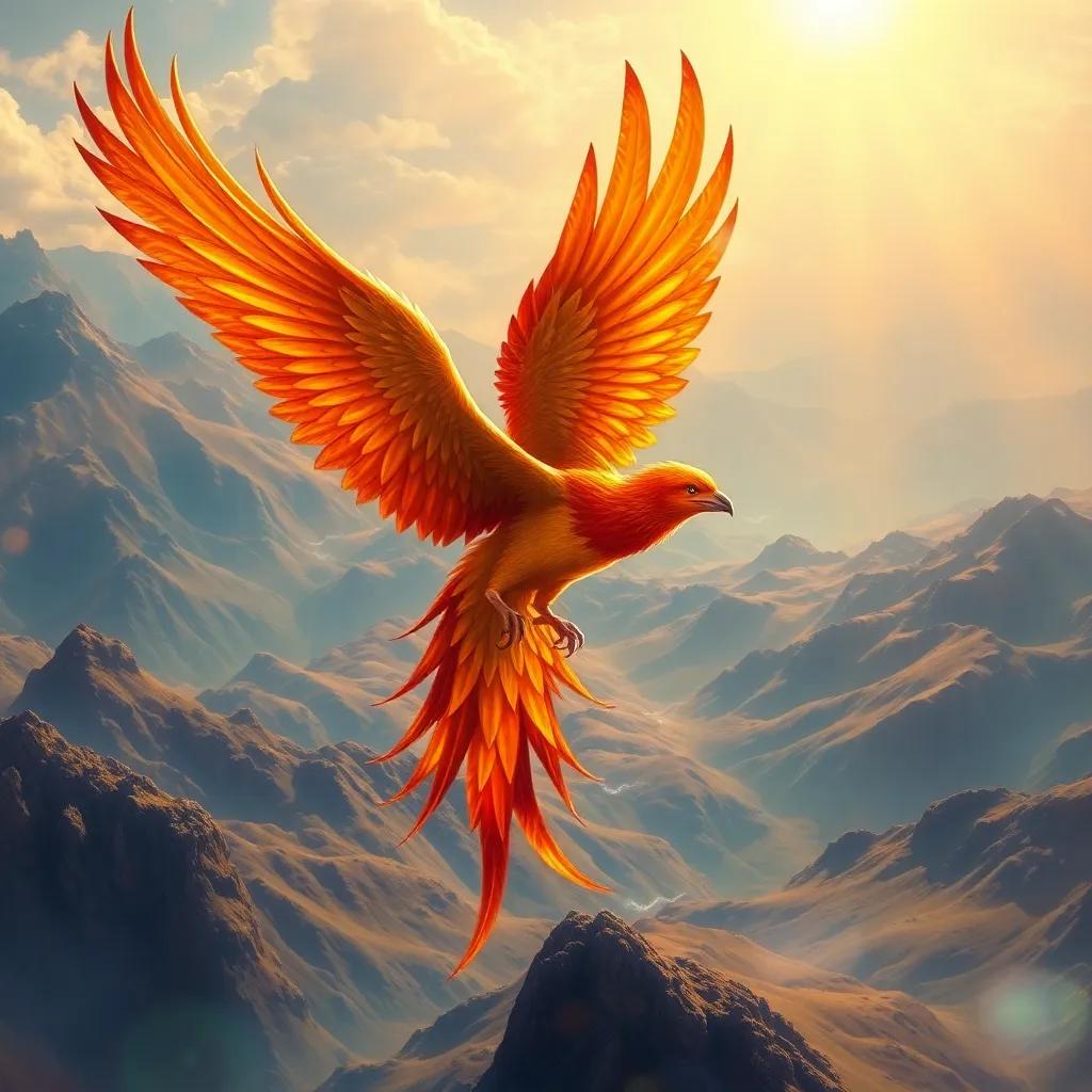 A stunning phoenix bird soaring high above the mountains, with colorful feathers shimmering in the sunlight, majestic and vibrant scenery around it, digital art, bright colors, warm atmosphere, high quality