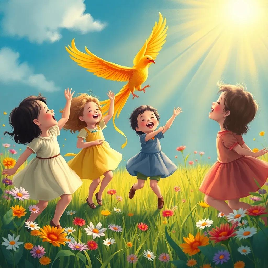 A joyful scene of children dancing and laughing in a meadow while listening to the phoenix's song, colorful flowers around, soft sunlight casting a cheerful glow, illustration, playful and happy vibe, child-friendly