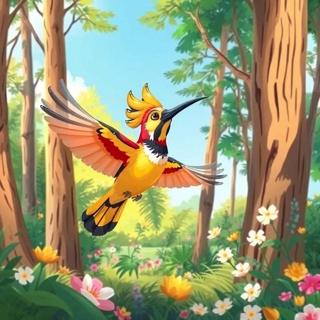 A colorful hoopoe bird flying in a sunny forest with tall trees and blooming flowers, searching for a new nesting place, bright and cheerful atmosphere, digital art, vivid colors, high quality