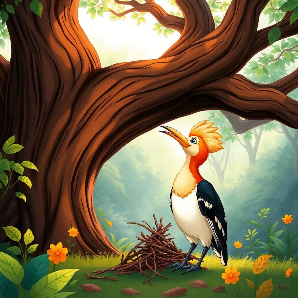 A hoopoe bird happily admiring a large tree with strong branches, a cheerful expression, collecting twigs and leaves, surrounded by a vibrant forest, illustration, warm light, enchanting scene, high detail