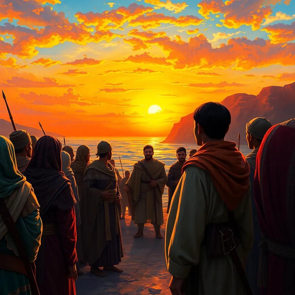 A majestic landscape showing the shores of Andalusia in the year 711 AD, with a group of diverse soldiers gathered around their leader, Tariq ibn Ziyad, a young North African man, with short, dark hair wearing a traditional tunic, inspiring them as the sun sets in the background with an atmosphere of anticipation and courage, digital art, vibrant, warm colors, historical perspective, high quality