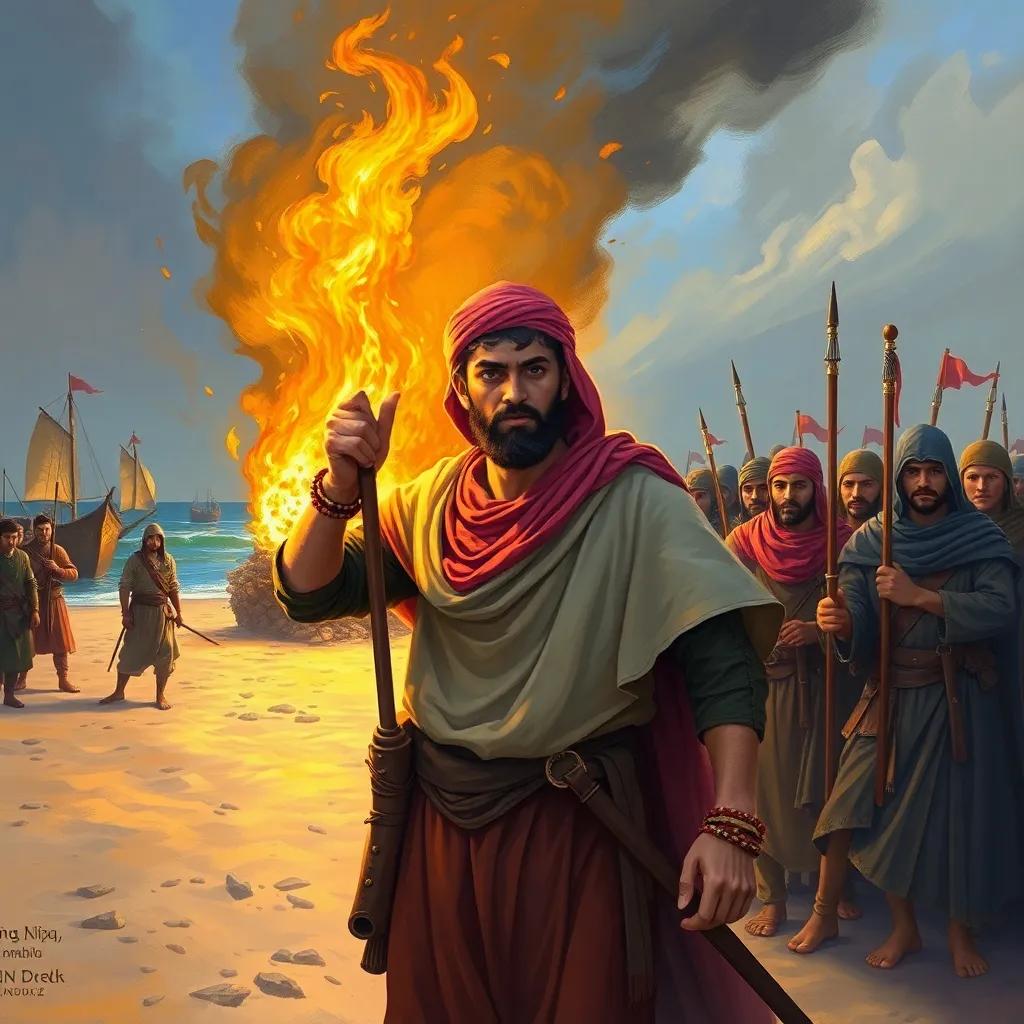 Tariq ibn Ziyad, a brave young North African leader, standing boldly on the sandy shores of Andalusia, setting fire to the ships in the background, with flames illuminating his determined face, surrounded by diverse soldiers, all looking inspired and ready for battle, dramatic lighting, historical scene, child-friendly, digital painting, detailed