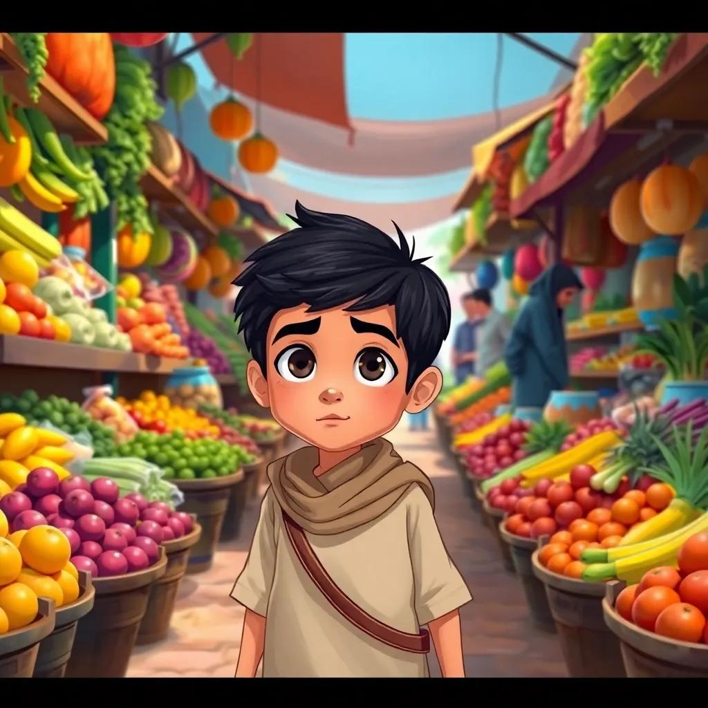 A young Arab boy, Sami, with short black hair, wearing a traditional thobe, walking through a colorful market filled with fresh vegetables and fruits, determined look on his face, surrounded by friendly vendors, illustration, bright and lively, child-friendly, adventurous vibe, high quality