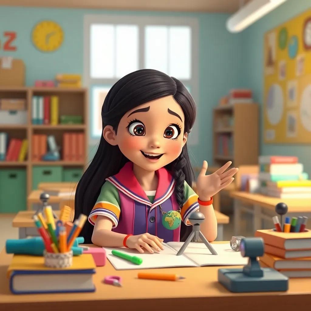 A young Arab girl, Leila, with long dark hair, wearing a colorful school uniform, sitting at a desk filled with books and tools, excitedly looking at a project, bright classroom, cheerful colors, high quality, focus on young inventor, digital art