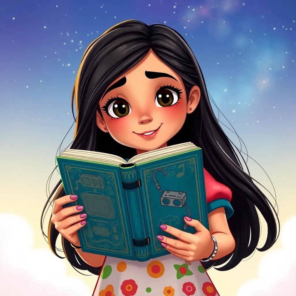 Leila, a young Arab girl, with long dark hair, wearing a colorful school uniform, holding an old book with gadgets designs, with stars and sky background, vibrant colors, imaginative atmosphere, illustration, high quality